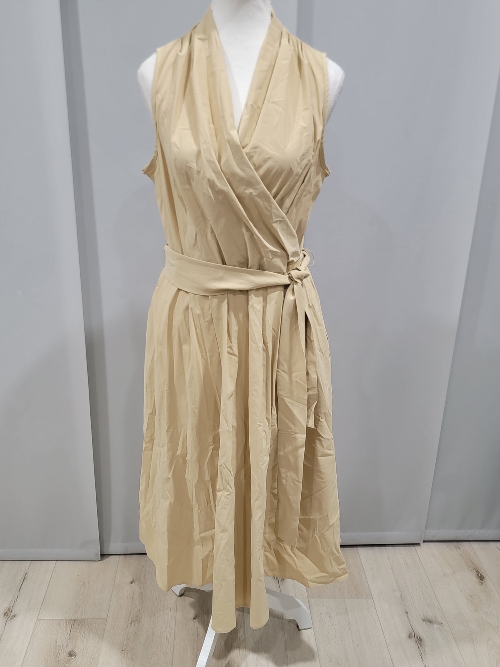 Joseph Ribkoff Sleeveless Beige Wrap Dress with Waist Tie